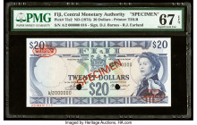 Fiji Central Monetary Authority 20 Dollars ND (1974) Pick 75s2 Specimen PMG Superb Gem Unc 67 EPQ. Red Specimen & TDLR overprints and two POCs are pre...