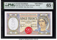 French Somaliland Banque de l'Indochine, Djibouti 20 Francs ND (1928-38) Pick 7Bs Specimen PMG Gem Uncirculated 65 EPQ. A roulette Specimen punch is p...