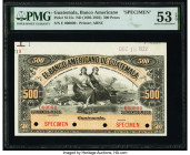 Guatemala Banco Americano de Guatemala 500 Pesos 15.12.1922 Pick S115s Specimen PMG About Uncirculated 53 EPQ. Red Specimen overprints, cancelled with...