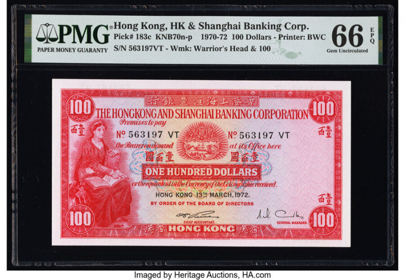 Hong Kong Hongkong & Shanghai Banking Corp. 100 Dollars 13.3.1972 Pick 183c KNB7...