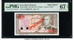 Iran Bank Markazi 20 Rials ND (1974-79) Pick 100bs Specimen PMG Superb Gem Unc 67 EPQ. Red Specimen & TDLR overprints and two POCs are present on this...