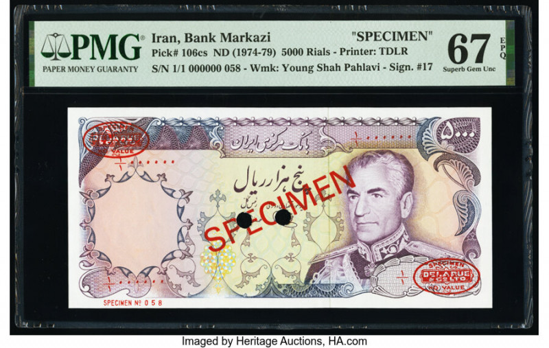 Iran Bank Markazi 5000 Rials ND (1974-79) Pick 106cs Specimen PMG Superb Gem Unc...