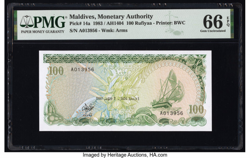 Maldives Monetary Authority 100 Rufiyaa 1983 / AH1404 Pick 14a PMG Gem Uncircula...