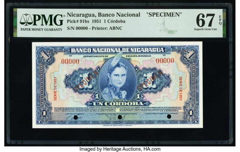 Nicaragua Banco Nacional 1 Cordoba 1951 Pick 91bs Specimen PMG Superb Gem Unc 67...