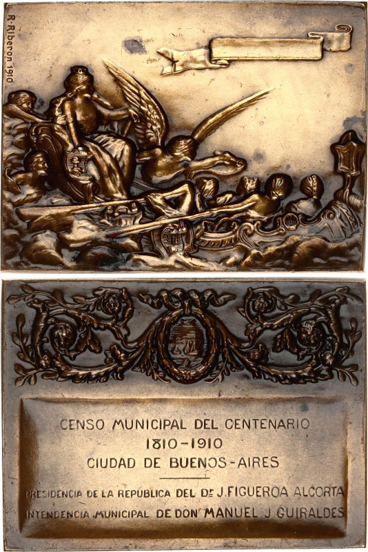 Argentina Plaquette Municipal Census of the Century 1910 
Bronze 88.09 g., 47 x...