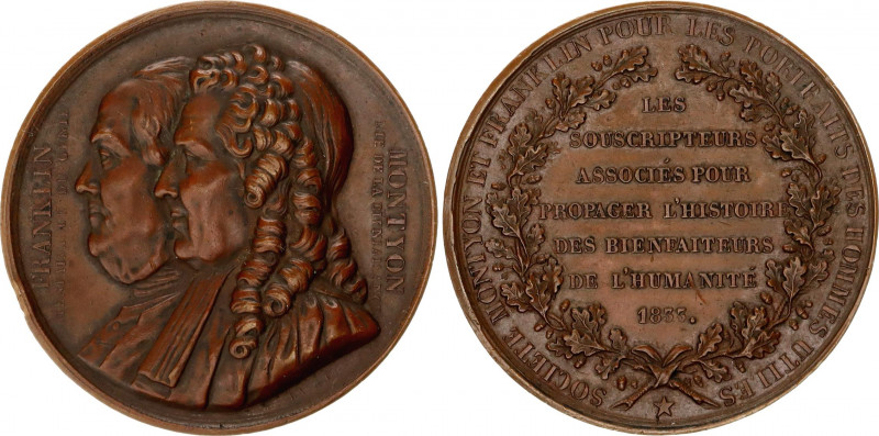 France Société Montyon et Franklin Medal 1833 
Bronze, 41.5mm. By J. J. Barre; ...
