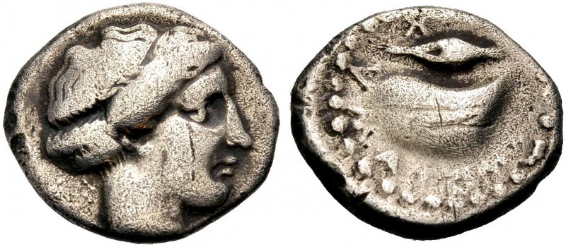KAMPANIEN. KYME. Nomos, 420-380 v. Chr. Nymphenkopf n.r., das Haar hochgesteckt ...