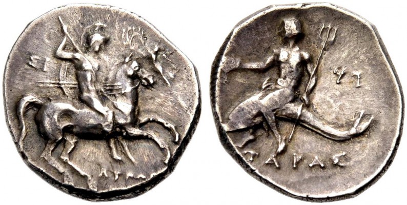 KALABRIEN. TARENT. Nomos, 302-281 v. Chr. Reiter mit Helm, drei Lanzen und Runds...