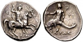 KALABRIEN. TARENT. Nomos, 302-281 v. Chr. Reiter mit Helm, drei Lanzen und Rundschild n.r. galoppierend, r. Nike n.l. fliegend, die Pferde bekränzend;...