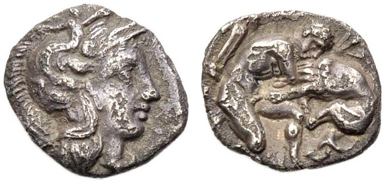 LUKANIEN. HERAKLEIA. Diobol, 380-281 v. Chr. Kopf der Athena in einem mit Hippok...