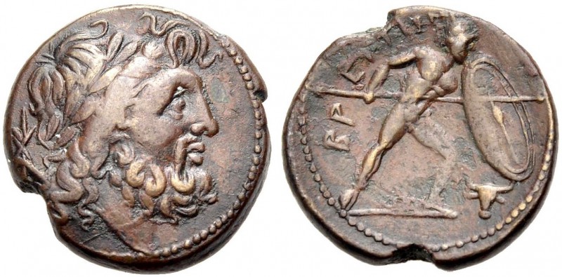 BRUTTIUM. BRETTIOI. Bronze, 213-205 v. Chr. Bärtiger Zeuskopf mit L. n. r., hint...