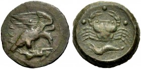 SIZILIEN. AKRAGAS. Tetras, Bronze, 425-406 v. Chr. ΑΚΡΑ Adler flügelschlagend auf einem toten, auf dem Rücken liegenden Hasen n.r. stehend und auf ihn...