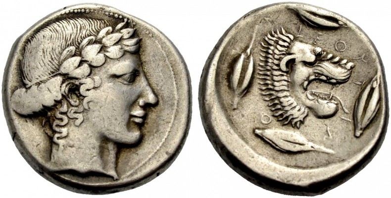 SIZILIEN. LEONTINOI. Tetradrachmon, 450-440 v. Chr. Apollonkopf n.r., das Haar i...