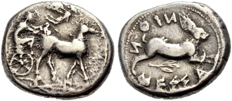 SIZILIEN. MESSANA. Tetradrachmon, 445-439 v. Chr. Maultierbiga im Schritt n.r., ...