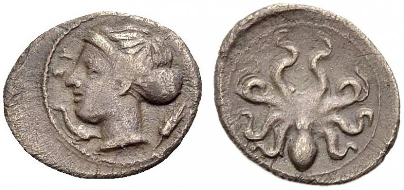 SIZILIEN. SYRAKUS. Litra, 410-405 v. Chr. ΣΥΡΑ Arethusakopf mit Ampyx und Sphend...