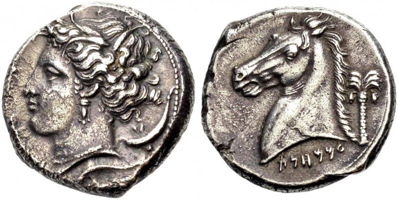 SIZILIEN. SIKULOPUNIER. 'MHMHNT. Tetradrachmon, 350-330 v. Chr. Kopf der Tanit i...