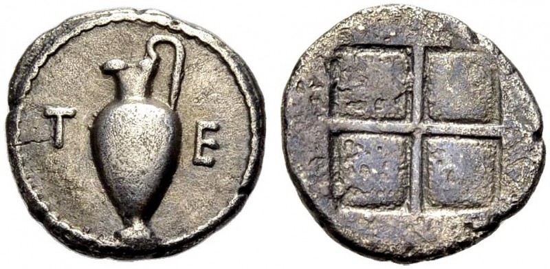 MAKEDONIEN. TERONE. Tetrobol, 424-422 v. Chr. Τ-Ε Oinochoe n.l. Rv. Viergeteilte...