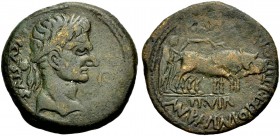 SPANIEN. CAESARAUGUSTA (ZARAGOZA). Augustus, 27 v. Chr. -14 n. Chr. Bronze der Duovirn Man. Cavinius und L. Titius. AVGVSTVS - DIVI F Kopf mit L. n.r....