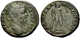 MOESIA INFERIOR. NIKOPOLIS. Septimius Severus, 193-211. Bronze. Kopf mit L. und Bart n.r., die l. Schulter drap. Rv. Herakles nackt n.r. stehend, in d...