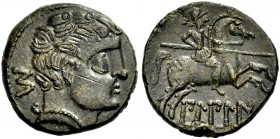 HISPANIEN. BILBILIS. Bronze, As, um 2.-1. Jh. v. Chr. Männl. unbärtiger Kopf mit Perlenkette n.r., dahinter keltiberisches S. Rv. Reiter mit Lanze n. ...