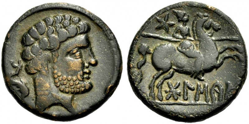 HISPANIEN. BOLSKAN (OSCA). Bronze, 2-1. Jh. v. Chr Bärtiger Kopf n. r.; hinten l...