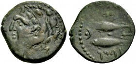 HISPANIEN. GADES (GADIR). Bronze, 1. Jh. v. Chr. Kopf des unbärtigen Herakles-Melqart im Löwenfell n.l. Rv. Zwei Thunfische n.l., im Felde r. Mondsich...
