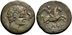 HISPANIEN. KESE (=TARRACAO). Bronze, 200-150 v. Chr. Unbärtige, drap. jugendliche Büste n.r., im Felde l. ein Delphin, vor dem Gesicht zwei weitere De...