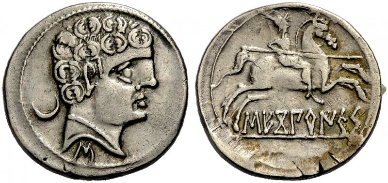 HISPANIEN. SEKOBIRIKES. Denar um 100 v. Chr. Jugendlicher Lockenkopf mit Perlenh...