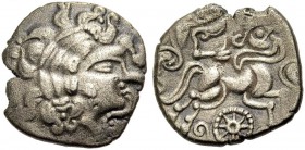 FRANKREICH. RIEDONES. Stater, Billon, 1. Jh. v. Chr. Kopf n.r. mit großen Haarlocken, ein Delphin vor dem Mund. Rv. Pferd mit androkephalem Kopf, gefü...