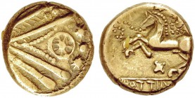 BELGIEN. TREVERI. Goldstater, 1. Jh. v. Chr. Abstrahierter Kopf n.r., großes Auge im Profil, davor drei Sterne. Rv. Pferd n.l. galoppierend, l. und r....