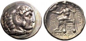 OSTKELTEN. Imitationen Philipp III. 310-50 v. Chr. Tetradrachmon, 3. Jh. Herakleskopf in der Löwenhaube n. r. mit hohem Relief. Rv. Zeus mit Adler und...