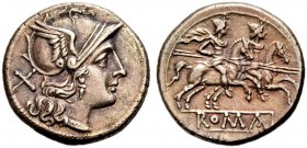RÖMISCHE REPUBLIK. ANONYM, nach 211 v. Chr. Denar. Romakopf im geflügelten Helm n.r., dahinter Wertmarke X Rv. Die Dioskuren über einer Tafel mit ROMA...