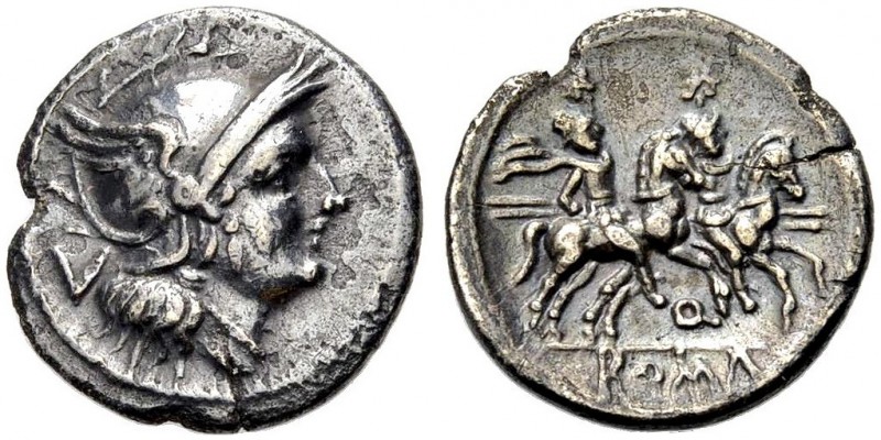 RÖMISCHE REPUBLIK. Q, 211-210 v. Chr. Quinar, Apulien. Kopf der Roma im Flügelhe...