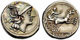 RÖMISCHE REPUBLIK. Anonym, 157-156 v. Chr. Denar, Kopf der Roma mit geflügeltem Helm n. r., dahinter X. Rv. Victoria in Biga n. r., darunter ROMA. 3,5...
