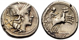 RÖMISCHE REPUBLIK. Anonym, 157-156 v. Chr. Denar. Kopf der Roma mit geflügeltem Helm n. r., dahinter X Rv. Victoria in Biga n. r., darunter ROMA 3,59 ...