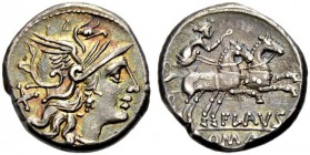 RÖMISCHE REPUBLIK. Decimus Flavus (FLAVS) 150 v. Chr. Denar, 150 v. Chr. Romakopf im geflügelten Helm n.r., l. Wertmarke X Rv. FLAVS/ROMA Luna in Biga...