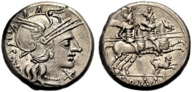 RÖMISCHE REPUBLIK. C. Antestius, 146 v. Chr. Denar. C. ANTESTI (ANTE in Ligatur) Kopf der Roma mit geflügeltem Helm n. r., davor X Rv. ROMA Die Diosku...