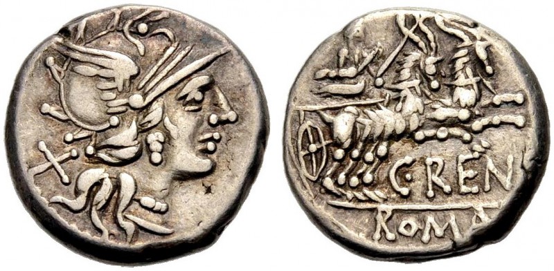 RÖMISCHE REPUBLIK. C. Renius, 138 v. Chr. Denar. Kopf der Roma im geflügelten He...