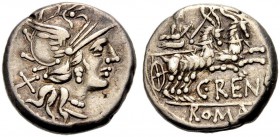 RÖMISCHE REPUBLIK. C. Renius, 138 v. Chr. Denar. Kopf der Roma im geflügelten Helm n. r., dahinter Wertmarke X Rv. C. RENI / ROMA Iuno mit Zepter in B...