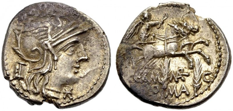 RÖMISCHE REPUBLIK. M. Marcius Mn., 134 v. Chr. Denar. Kopf der Roma im geflügelt...
