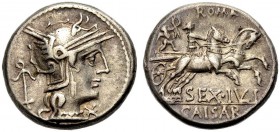 RÖMISCHE REPUBLIK. Sextus Iulius Caesar, 129 v. Chr. Denar, 129 v. Chr. Kopf der Roma im Flügelhelm n. r., dahinter Anker, davor Wertzeichen. Rv. ROMA...