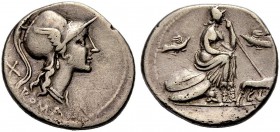 RÖMISCHE REPUBLIK. Anonym, 115 oder 114 v. Chr. Denar. ROMA Kopf der Roma mit korinthischem Helm n. r., dahinter X Rv. Roma mit Speer in der Hand auf ...