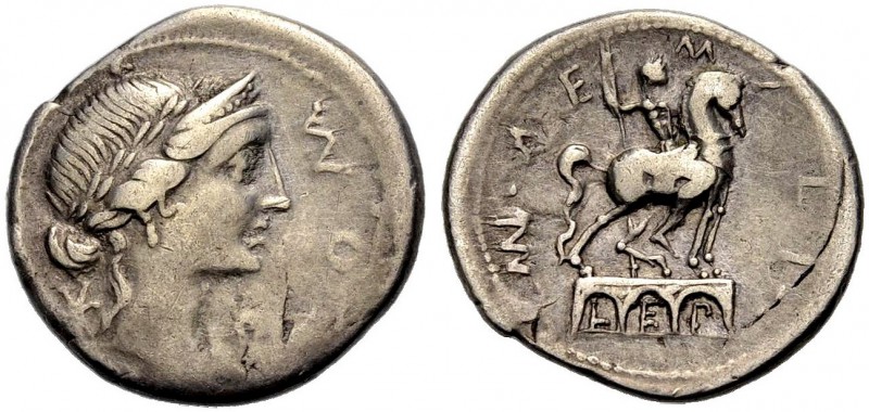 RÖMISCHE REPUBLIK. Man. Aemilius Lepidus, 114-113 v. Chr. Denar. ROMA Drap. Frau...