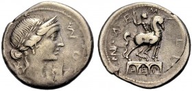 RÖMISCHE REPUBLIK. Man. Aemilius Lepidus, 114-113 v. Chr. Denar. ROMA Drap. Frauenbüste mit D. und L. n. r., dahinter Wertmarke * (=10). Rv. MN. AE-M-...