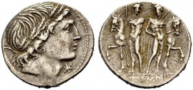 RÖMISCHE REPUBLIK. L. Memmius, 109-108 v. Chr. Denar. Kopf des Apollo (?) mit Eichenkranz n. r., unter dem Kinn Wertmarke Stern. Rv. L. MEMMI Dioskure...