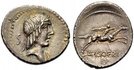 RÖMISCHE REPUBLIK. L. Calpurnius Piso, 90 v. Chr. Denar, 90 v. Chr. Kopf des Apollon mit L. n. r., dahinter S. Rv. Jugendl. Reiter n. r. mit Palme, da...