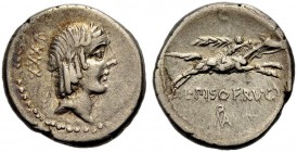 RÖMISCHE REPUBLIK. L. Calpurnius Piso, 90 v. Chr. Denar, 90. Kopf des Apollon mit L. n. r., dahinter XXX^| Rv. Jugendl. Reiter n. r. mit Palme, darunt...