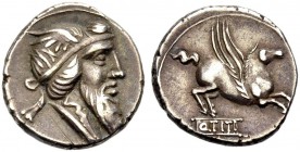 RÖMISCHE REPUBLIK. Q. Titius, 90 v. Chr. Denar. Kopf mit Spitzbart und geflügeltem Diadem n. r. Rv. Pegasus von einer mit Q.TITI beschrifteten Plinthe...