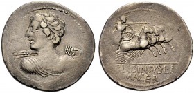 RÖMISCHE REPUBLIK. C. Licinius Macer, 84 v. Chr. Denar. Apollobüste mit Blitzbündel n.l. Rv. C. LICINIVS. L. F./ MACER. Minerva in galoppierender Quad...