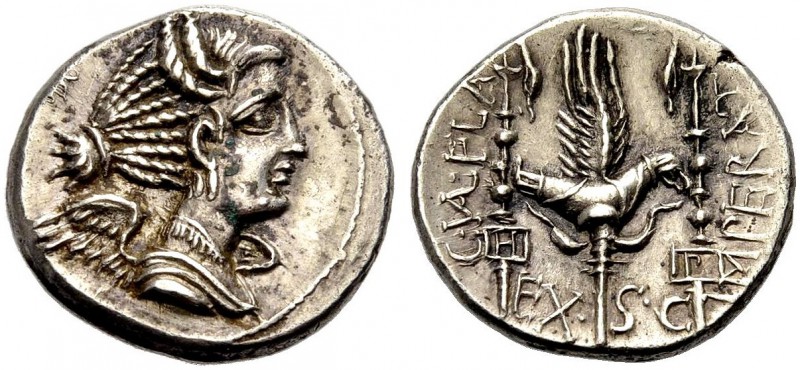 RÖMISCHE REPUBLIK. C. Valerius Flaccus, 82 v. Chr. Denar. Massalia. Drap. Büste ...